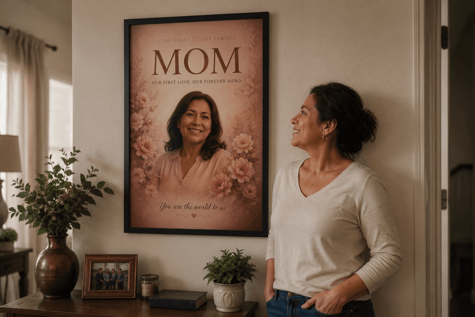 A mother admiring her personalized framed family poster